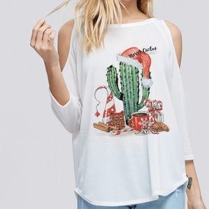 Merry Cactus Christmas Cold Shoulder Top White